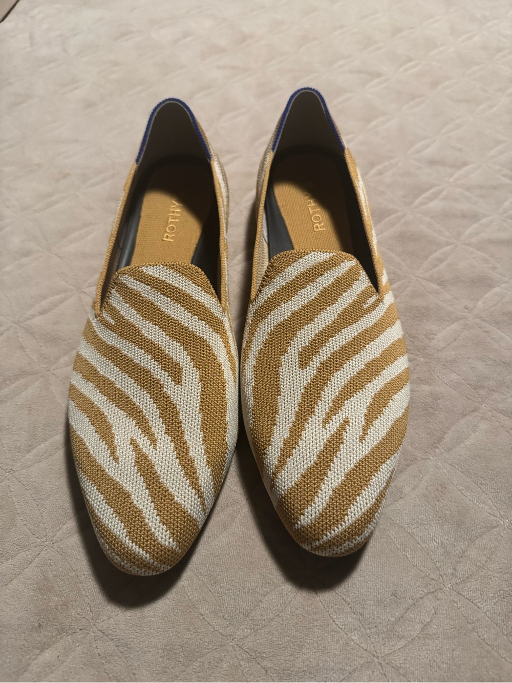 Rothy's Tan and Cream Zebra Knit Slip-On Loafers